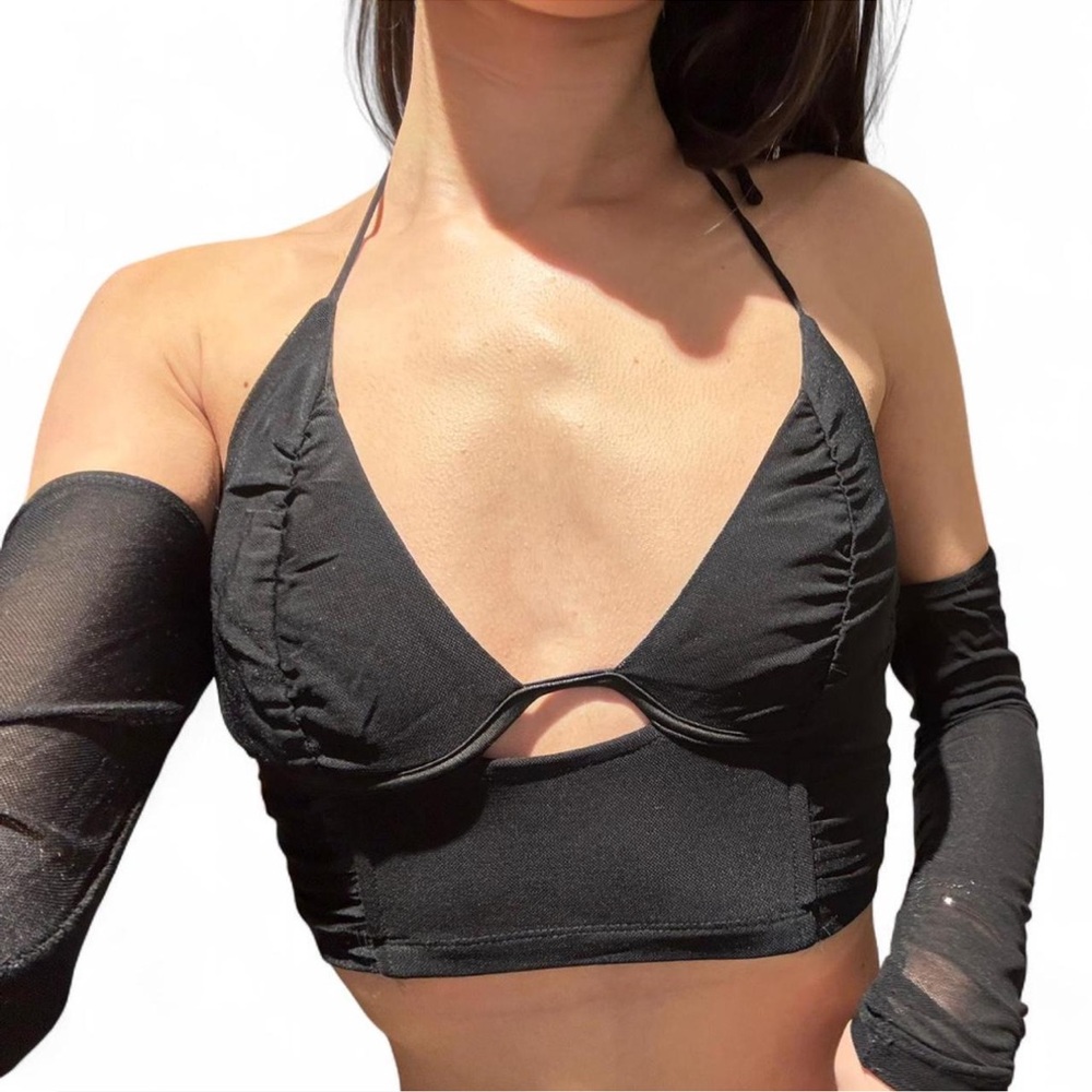 White Fox Boutique Black Halter Top with Sheer Sleeves